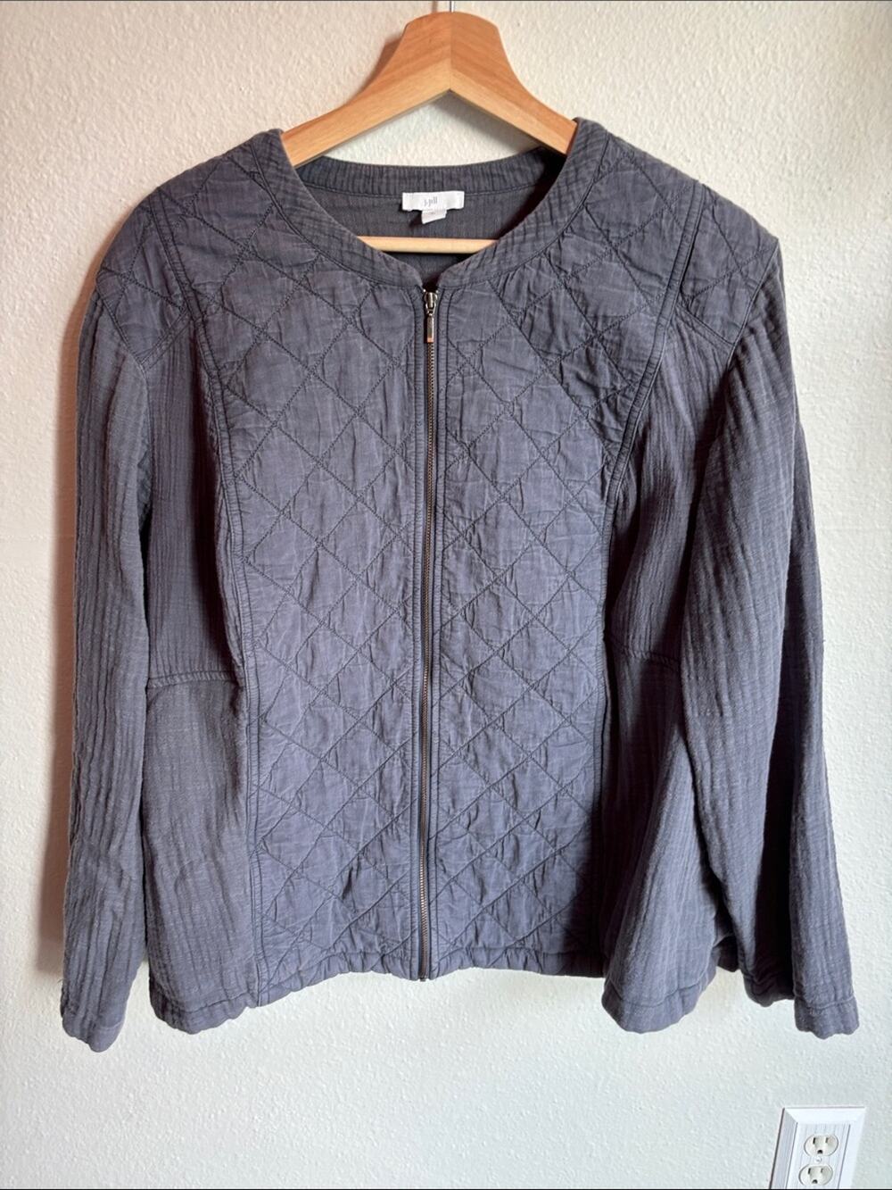 J. JILL Quilted Charcoal Gray Cotton Gauze Zip Jacket Pockets 2X